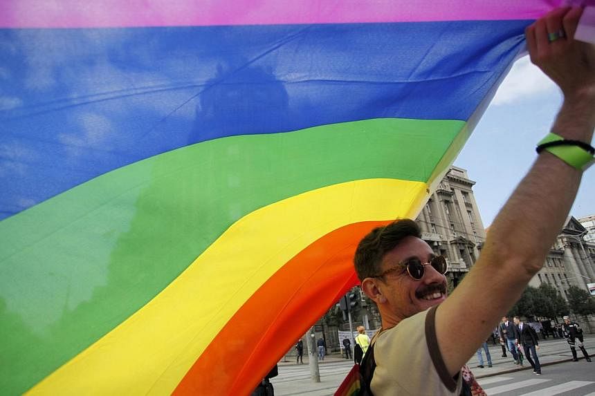 A gay rights activist holds a rainbow flag during a Pride march in Belgrade, on Sept 28, 2014.&nbsp;Gay and lesbian Catholic groups are holding an international congress in Portugal this week as they seek to make their voices heard by the Vatican. --