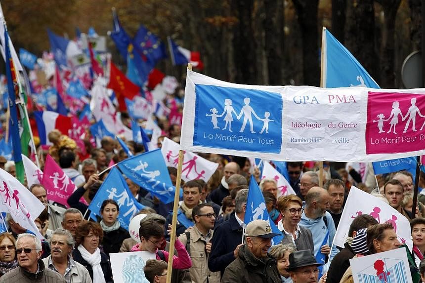 People wave flags and hold a banner as tens of thousands of people take part in the "Manif Pour Tous" (Demonstration For All) to protest against PMA (Procreation Medicalement Assistee or Medically Assisted Reproduction) and GPA (Grosesse pour Autrui 