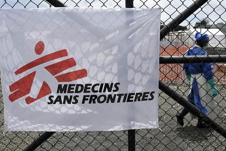 The entrance of the Ebola treatment centre of aid agency Doctors Without Borders, known by its French initials MSF (Medecins Sans Frontieres) on Oct 3, 2014 where NBC cameraman Ashoka Mukpo, who had been infected with the Ebola virus is being treated