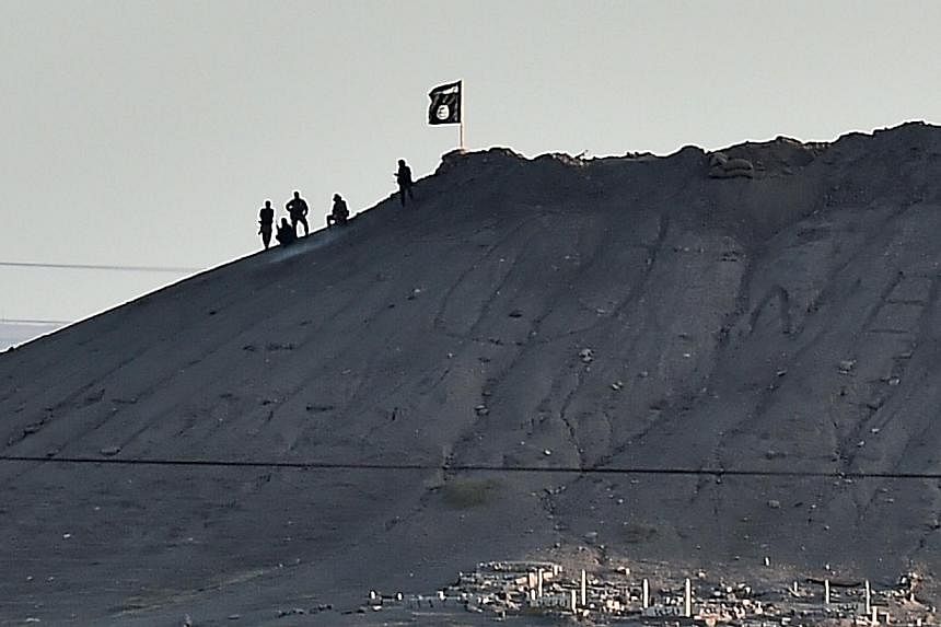 Alleged Islamic State (IS) militants stand next to an IS flag atop a hill in the Syrian town of Ain al-Arab, known as Kobane by the Kurds, as seen from the Turkish-Syrian border in the south-eastern town of Suruc, Sanliurfa province, on Oct 6, 2014.&