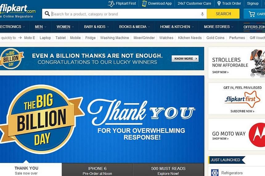 Flipkart launched its Big Billion Day Sale online on Monday. It was touted as the biggest sale in India. -- PHOTO: SCREENGRAB FROM FLIPKART.COM