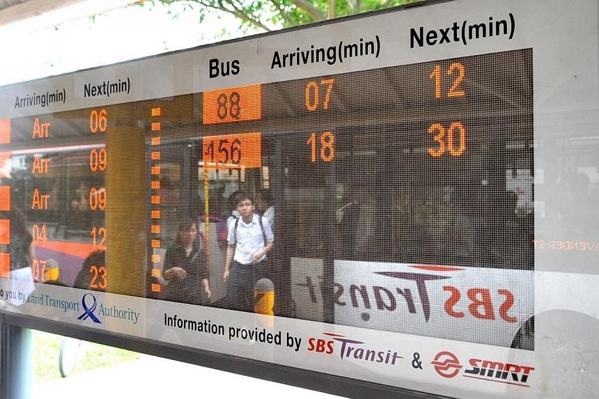Real-Time Bus Arrival Information panel at a bus-stop.&nbsp;The Land Transport Authority (LTA) is developing a system that will relay real-time information between buses and bus stops, so commuters can get more information while they are travelling. 