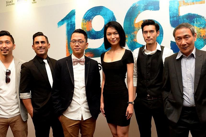 (From left)&nbsp; Director Randy Ang, DJ-turned-actor Mike Kasem, singer Sezairi Sezali, actress Joanne Peh, actor James Seah and actor Lim Kay Tong at the press conference for the film 1965. -- ST PHOTO: JAMIE KOH