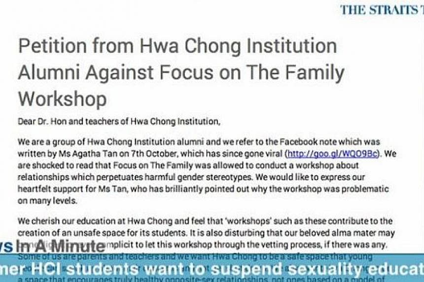 In today's News In A Minute, we look at how former students of Hwa Chong Institution have started a petition to suspend the school's sexuality education workshop by Focus On The Family Singapore. -- SCREENGRAB FROM RAZORTV