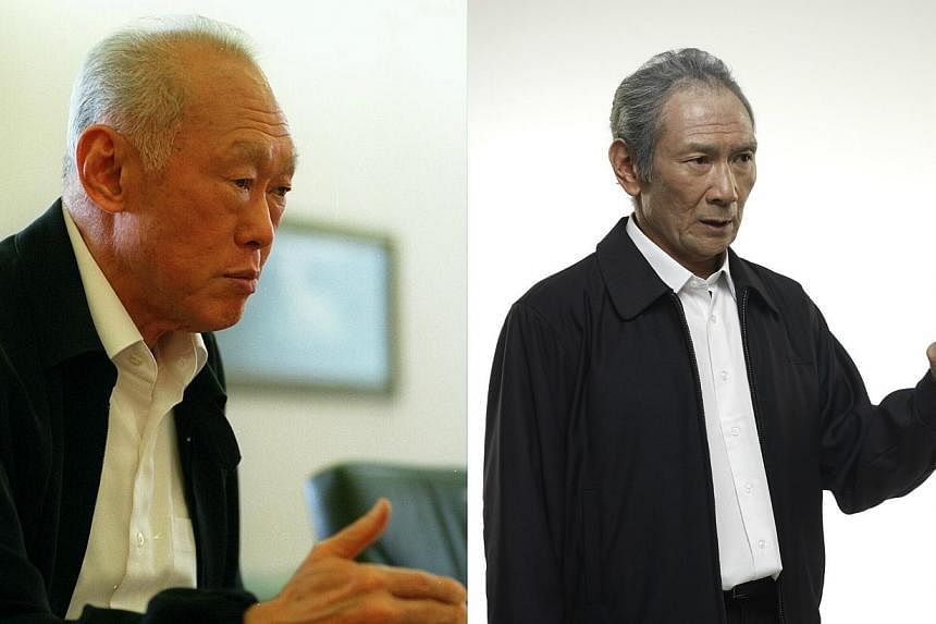 Singapore's first prime minister Lee Kuan Yew (left) in 1995, and veteran Singaporean actor Lim Kay Tong at an imaging session, with make-up and an outfit that is similar to what Mr Lee frequently wears. --&nbsp;PHOTOS: ST FILE,&nbsp;BLUE3 PICTURES