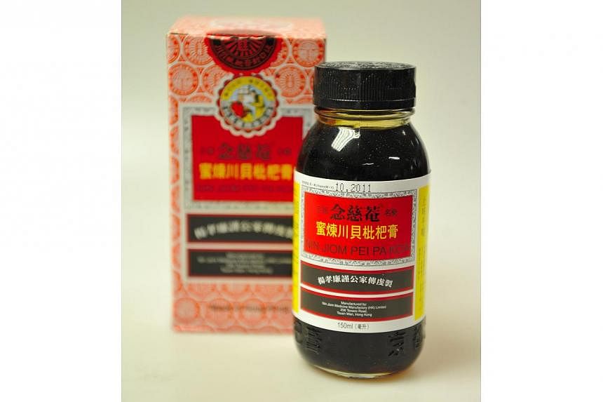 Chinese herbal syrup Nin Jiom Pei Pa Koa is a popular remedy for sore throat and cough.&nbsp;-- PHOTO: ST FILE