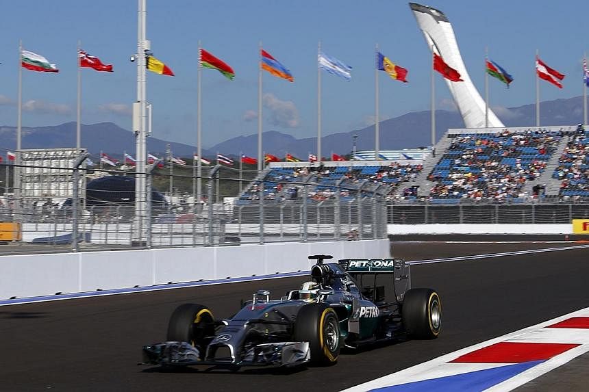 Mercedes Formula One driver Lewis Hamilton of Britain drives his car during the second free practice session of the Russian F1 Grand Prix in the Sochi Autodrom circuit on Oct 10, 2014.&nbsp;Formula One championship leader Lewis Hamilton bounced back 