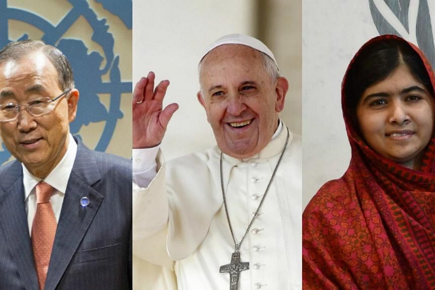 United Nations secretary-general Ban Ki Moon, Pope Francis and&nbsp;Malala Yousafzai&nbsp;are just three of the 278 nominations for this year's&nbsp;Nobel Peace Prize. -- PHOTO: AFP