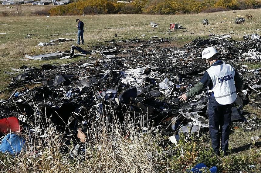 Members of the recovery team work at the site where the downed Malaysia Airlines flight MH17 crashed, near the village of Hrabove (Grabovo) in Donetsk region, eastern Ukraine on Oct 13, 2014. -- PHOTO: REUTERS
