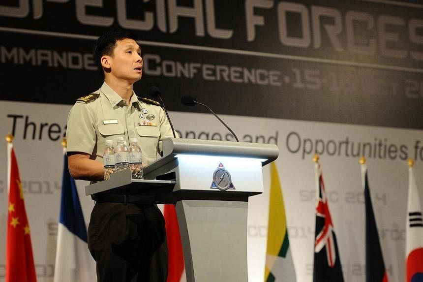 Singapore's chief of army, Major-General Perry Lim, delivering the opening address at the Special Forces Commanders’ Conference 2014 on Wednesday. -- PHOTO: MINDEF