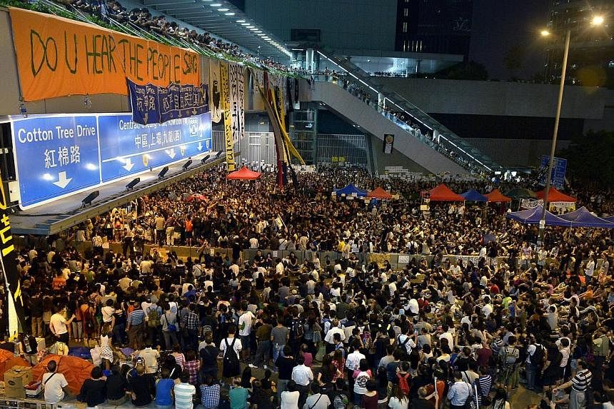 Protesters urged to turn out in full force by the protest organisers in response to the government's cancellation of the scheduled talks on Friday, Oct 10, 2014.&nbsp;Foreign countries have no right to interfere in the affairs of Hong Kong in any sha