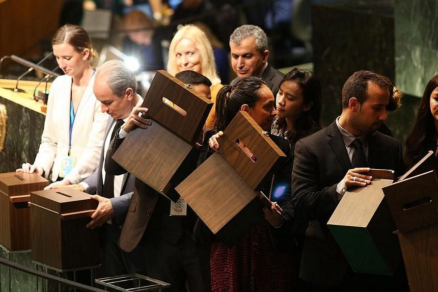 Empty ballot boxes are displayed for the 193 members of the United Nations General Assembly before voting in a secret ballot to fill five non-permanent seats on the United Nations Security Council on Oct 16, 2014.&nbsp;Malaysia, New Zealand, Venezuel