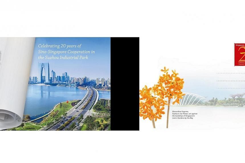 Singapore Post and China Post on Saturday released commemorative postcards to celebrate the 20th anniversary of the Suzhou Industrial Park. -- PHOTO: SINGPOST