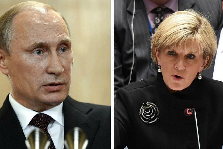 Russian President Vladimir Putin (left) was cooperative and constructive when asked for his help in allowing investigators access to the MH17 crash site in Ukraine, Australian Foreign Minister Julie Bishop said on Saturday. -- PHOTOS: REUTERS, AFP