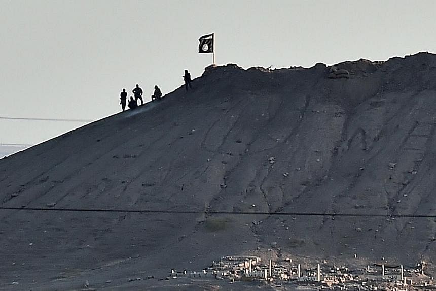 Alleged Islamic State (IS) militants stand next to an IS flag atop a hill in the Syrian town of Ain al-Arab, known as Kobane by the Kurds, as seen from the Turkish-Syrian border in the southeastern town of Suruc, Sanliurfa province, on Oct 6, 2014.