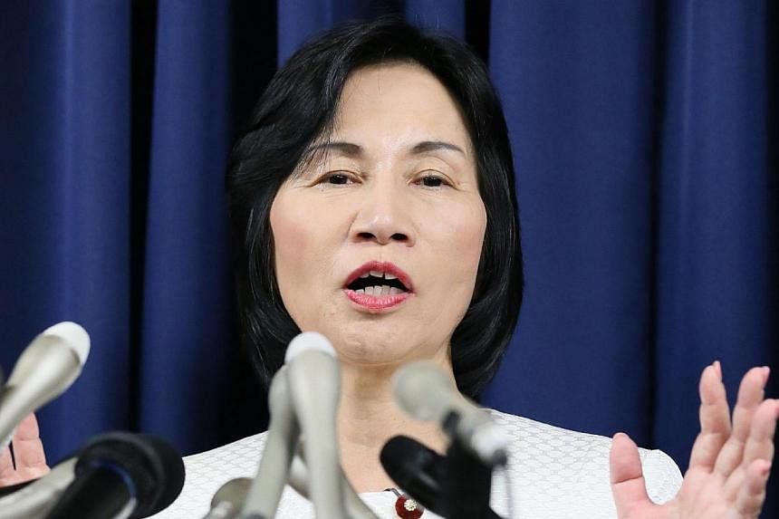 Japanese Justice Minister Midori Matsushima announces the resignation of her post at her office in Tokyo on Oct 20, 2014. -- PHOTO: AFP