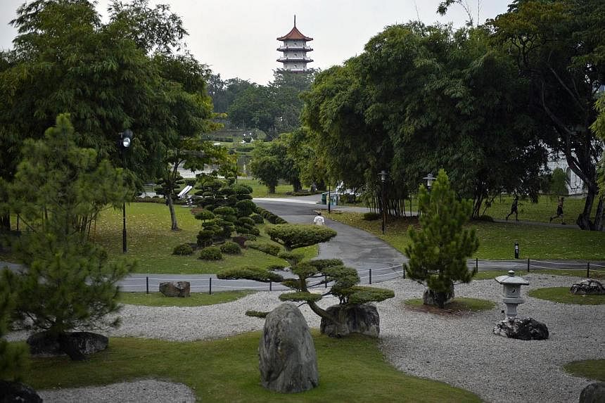 The iconic 7 Storey Pagoda at the Chinese Garden is seen from the Japanese Garden on Aug 21, 2014. -- ST PHOTO: MARK CHEONG