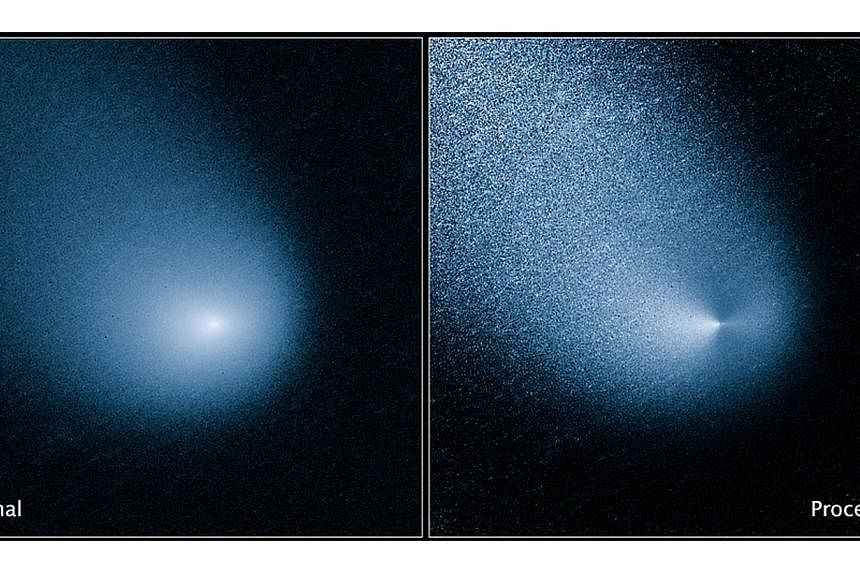 Comet C/2013 A1, also known as Siding Spring, is seen before and after filtering as captured by Wide Field Camera 3 on NASA's Hubble Space Telescope in this image released on Oct 19, 2014. -- PHOTO: REUTERS