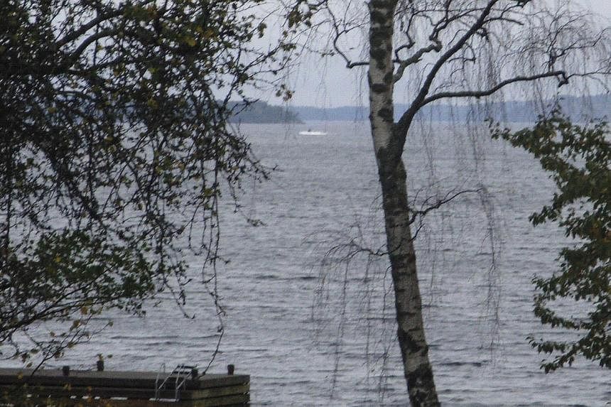This handout picture made available on Oct 19, 2014 by the Swedish Defence Minister shows a dark object in a white wake in the sea to the left of the tree in the centre. -- PHOTO: AFP