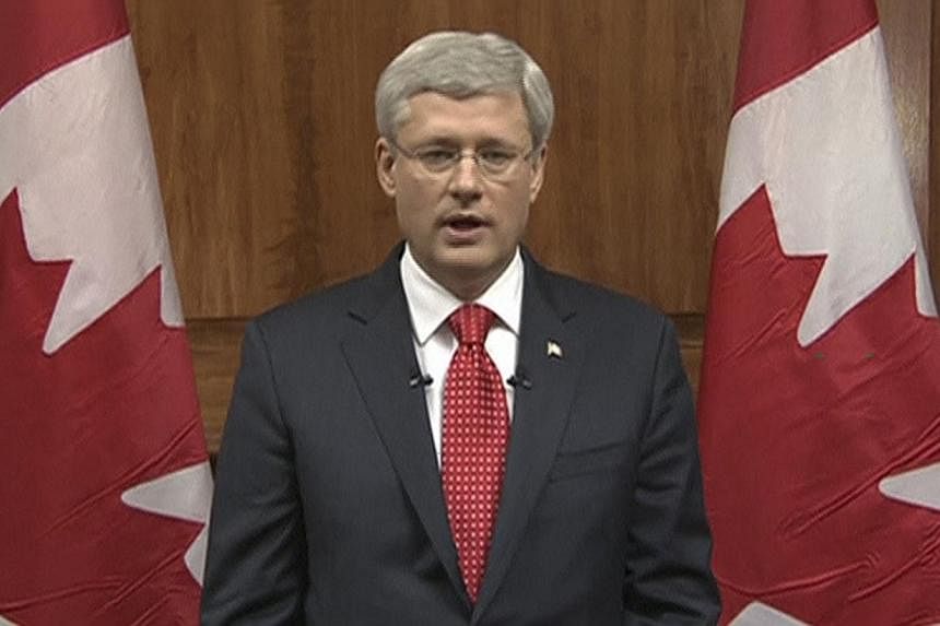 Canada's Prime Minister Stephen Harper speaks during a nationally televised address on CBC in this still image taken from video in Ottawa on Oct 22, 2014.&nbsp;Canadian Prime Minister Stephen Harper said on Thursday the government will expedite plans