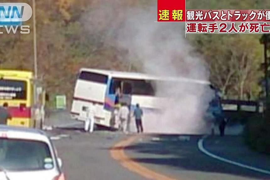 Bus carrying 33 Singapore tourists crash with truck in Hokkaido, drivers killed. --&nbsp;SCREENGRAB FROM ANN NEWS