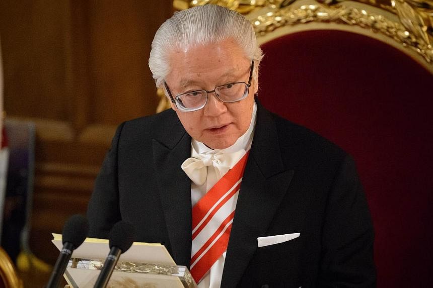 Singapore's President Tony Tan Keng Yam gives a speech at a banquet in his honour at the Guildhall in central London on Oct 22, 2014.