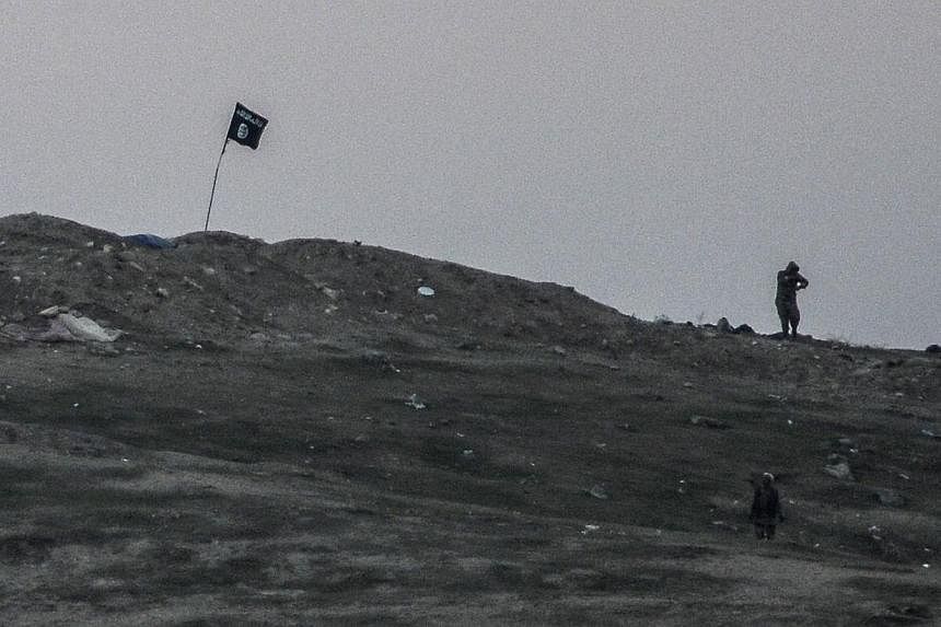 Militants of Islamic State (IS) stand near their flag on Tilsehir hill near Turkish border on Oct 23, 2014, at Yumurtalik village, in Sanliurfa province. -- PHOTO: AFP&nbsp;