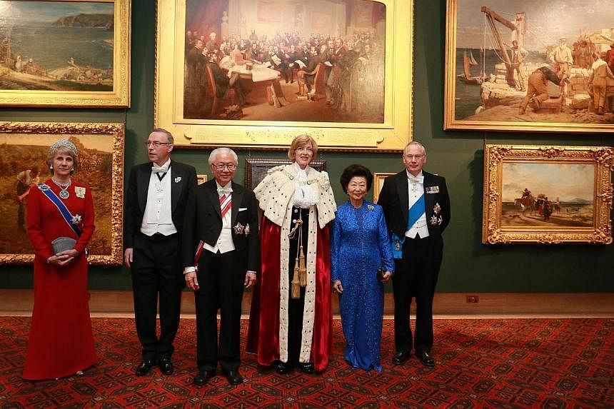At the state banquet for President Tony Tan Keng Yam are (from left) the Duchess of Gloucester, the Lord Mayor's Consort Nicholas Woolf, Lord Mayor of the City of London Fiona Woolf, Mrs Mary Tan and the Duke of Gloucester. On Tuesday, Dr Tan was awa