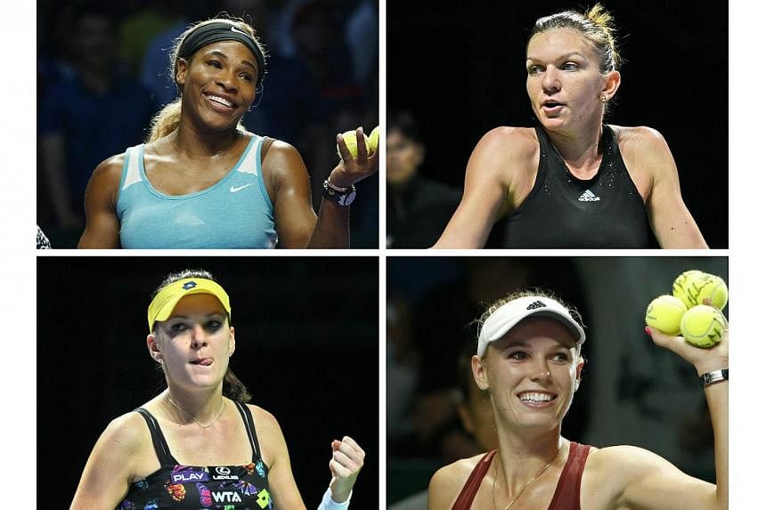 (Clockwise from left)&nbsp;Serena Williams, Simona Halep, Caroline Wozniacki and Agnieszka Radwanska advance out of the opening round-robin stage at the Singapore Indoor Stadium on Friday. -- PHOTO: REUTERS/AFP