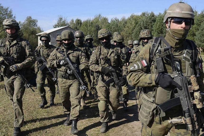 Polish servicemen take part in military exercises outside the town of Yavoriv, near the Polish-Ukrainian border, on Sept 19, 2014. Poland said on Oct 28 that it is drawing up a long-term plan to shift some of its military strength towards its eastern