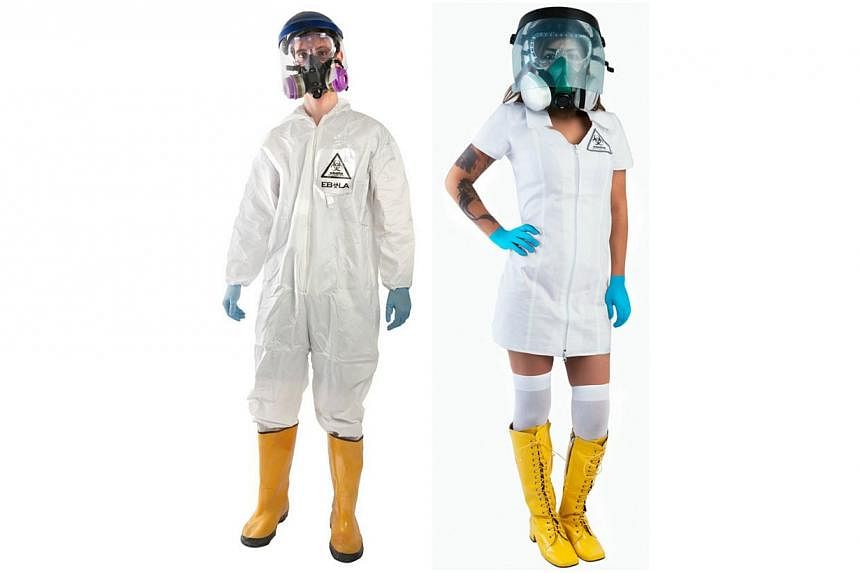 Brands On Sale offers both men and women's Ebola containment suit costumes&nbsp;- complete with face shield, breathing mask, safety goggles and latex gloves. -- PHOTO: BRANDSONSALE.COM