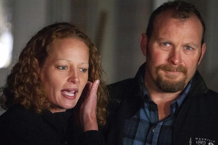 Nurse Kaci Hickox (left) and her boyfriend Ted Wilbur address the media during an informal meeting with the news media outside their home in Fort Kent, Maine on Oct 29, 2014. -- PHOTO: REUTERS