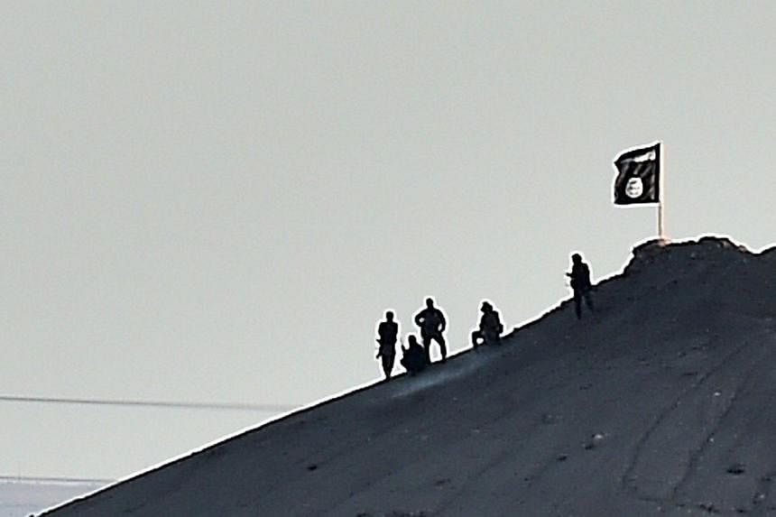 Alleged Islamic State (IS) militants stand next to an IS flag atop a hill in the Syrian town of Ain al-Arab, known as Kobane by the Kurds, on Oct 6, 2014.&nbsp;Islamic State fighters in Syria said on Monday, Nov 3. 2014, that they had taken control o