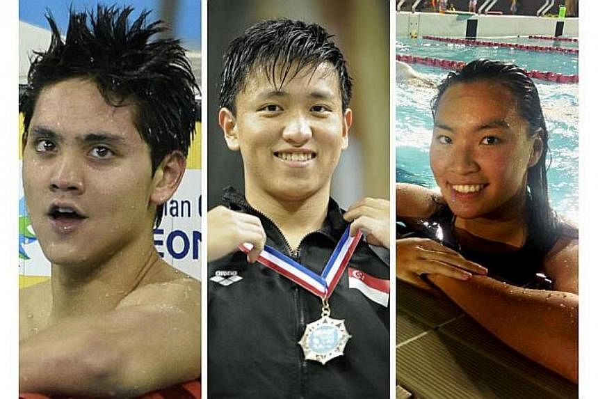 Team Singapore swimmers (from left to right) Joseph Schooling, Teo Zhen Ren and Roanne Ho. -- PHOTOS: AFP/ST FILE/TNP