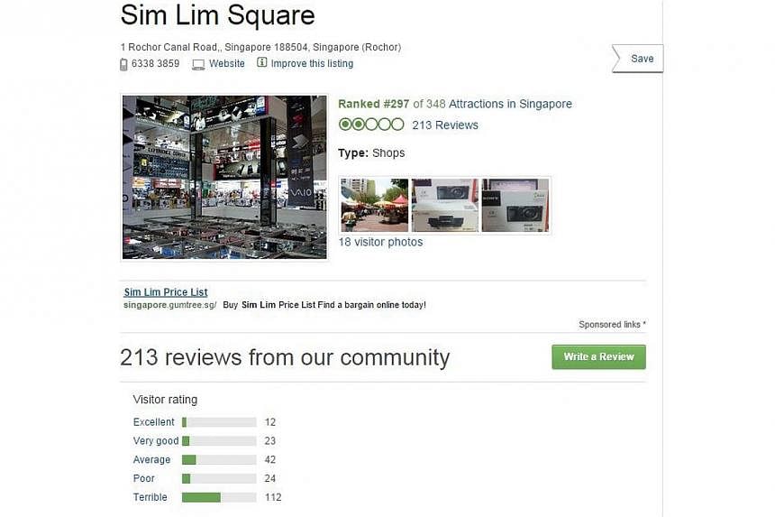 Sim Lim Square's bad name has gone international, with travel website TripAdvisor giving it bad reviews and a rating of two out of five stars. - PHOTO: SCREENGRAB FROM TRIPADVISOR.COM