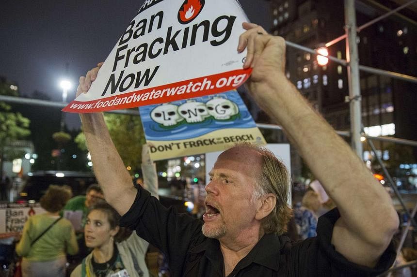 Protesters demonstrate against fracking in New York on Oct 15, 2014.&nbsp;Voters approved a ban on hydraulic fracturing in the North Texas town of Denton on Tuesday, making it the first city in the Lone Star State to outlaw the oil and gas extraction