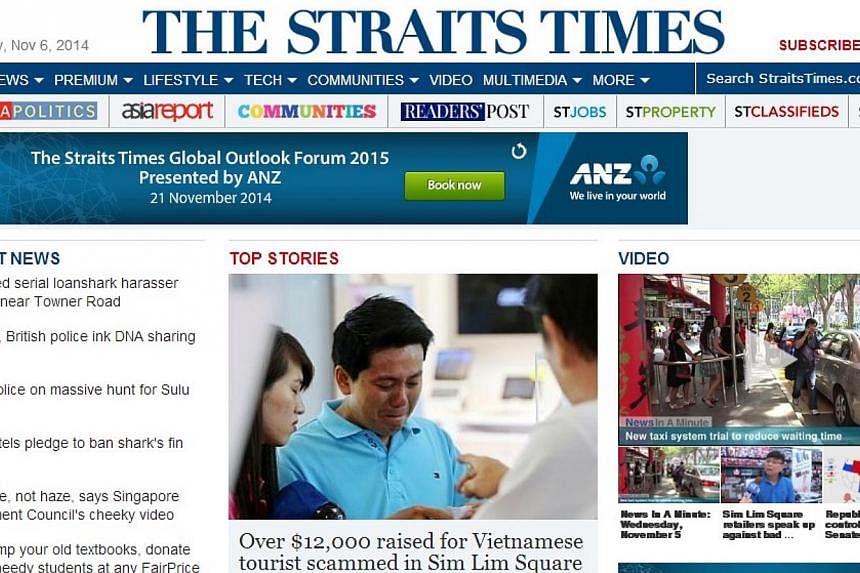 A screengrab of The Straits Times' website.&nbsp;The Straits Times remains the most-read English newspaper, with readership from print and digital editions reaching about a third of the population. -- SCREENGRAB: STRAITSTIMES.COM