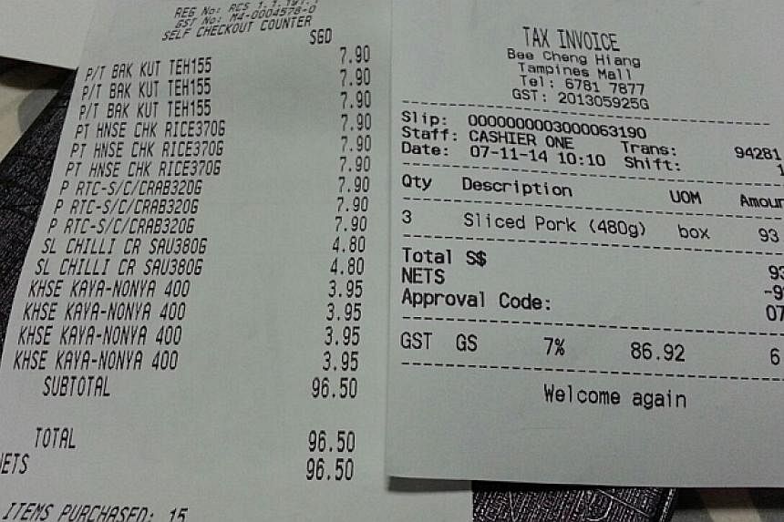 Receipt for the food items purchased by Mr Gabriel Kang for Mr Thoai. --&nbsp;PHOTO: GABRIEL KANG