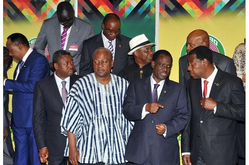 (From left) Niger's president Mahamadou Issoufou, Togo's president Faure Gnassingbe, Ghana's president and Economic Community of West Africa States (ECOWAS) president John Dramani Mahama, ECOWAS Commission Kadre Desire Ouedraogo and Benin's president