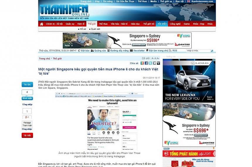 The Straits Times found at least 10 Vietnamese news sites, including the websites of prominant newspapers like Thanh Nien News (above), and Tuoi Tre, reporting on the plight of Mr Pham Van Thoai.&nbsp;-- SCREENGRAB: THANHNIEN.COM.VN