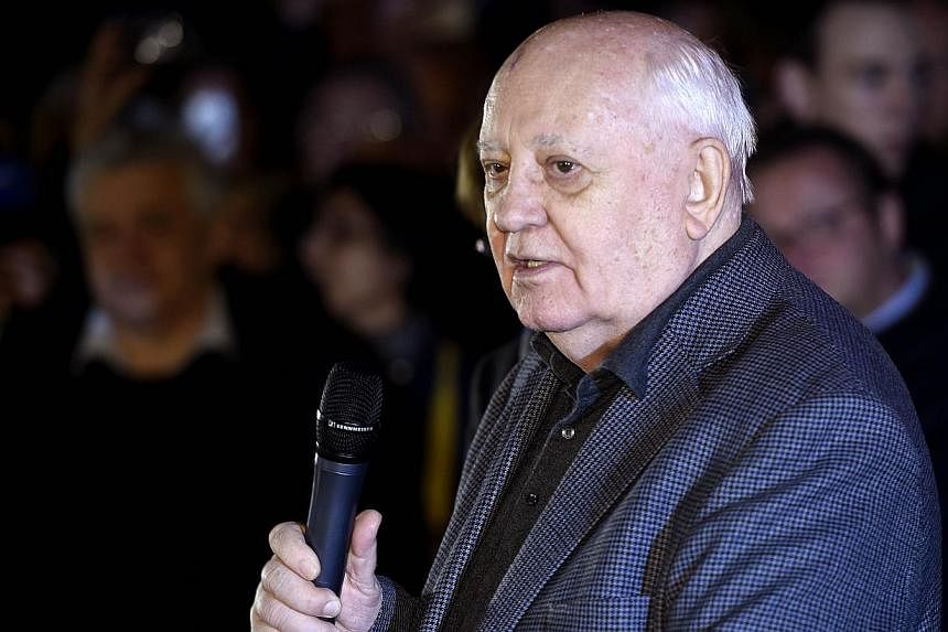 The last ruling president of the Soviet Union Mikhail Gorbachev delivers a speech as he visits the former Checkpoint Charlie border crossing on Nov 7, 2014 in Berlin.&nbsp;Gorbachev warned in Germany on Friday of new East-West tensions sparked by the