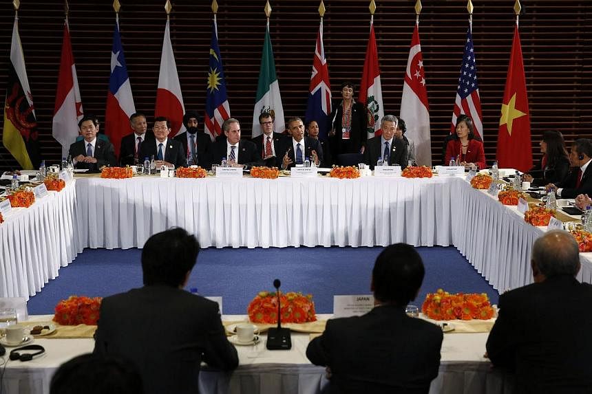 US President Barack Obama (centre) meets with the leaders of the Trans-Pacific Partnership (TPP) countries in Beijing on Nov 10, 2014.&nbsp;There was strong support among international leaders to reach a deal on the TPP in coming months, but no timel