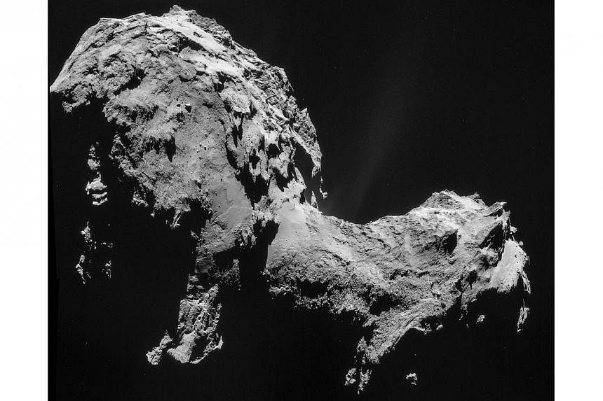 A handout photo released on Sept 19, 2014, by the European Space Agency shows a four-image NAVCAM mosaic of Comet 67P/Churyumov-Gerasimenko, using images taken on Sept 19, when Rosetta was 28.6 km from the comet.&nbsp;European scientists will this we