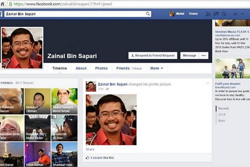 Member of Parliament Zainal Sapari has alerted his social media friends and followers to an imposter posing as him in a Facebook account and asking for money. -- PHOTO: SCREENSHOT FROM FACEBOOK