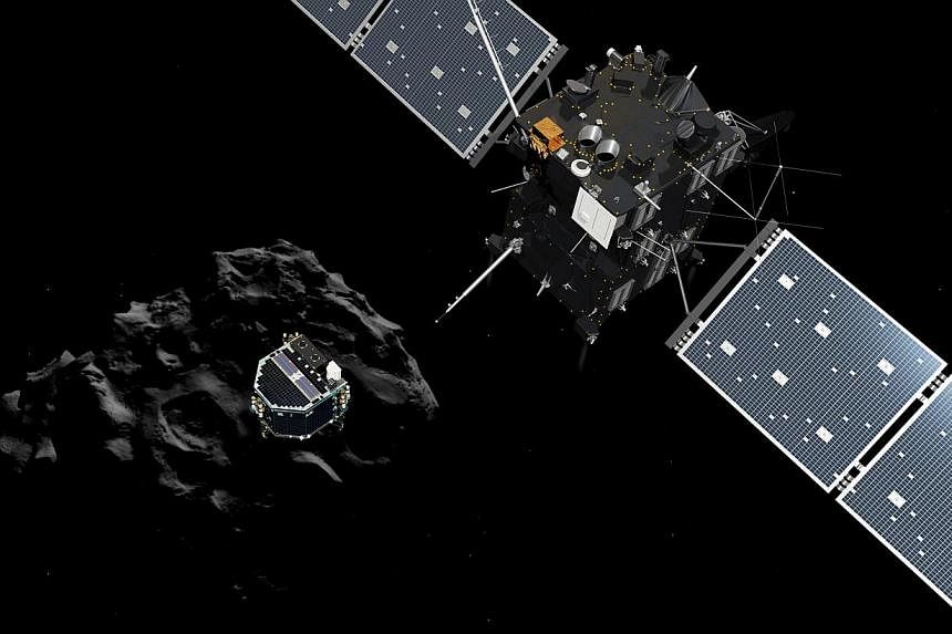 An artist's impression of the European probe Philae separating from its mother ship Rosetta and descending to the surface of comet 67P/Churyumov-Gerasimenko. The European probe Philae on Nov 12 was on course to make the first-ever landing on a comet 