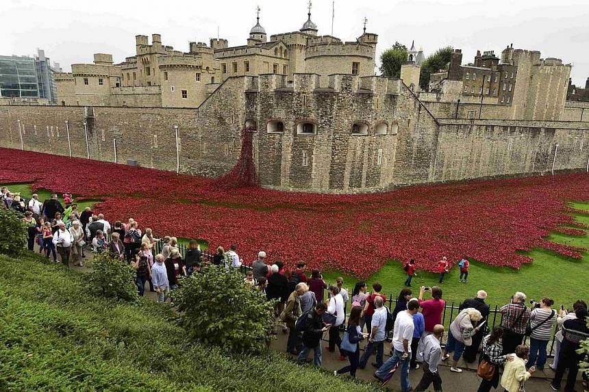 Tourists watch as volunteers plant ceramic poppies for the art installation called Blood Swept Lands And Seas Of Red at the Tower of London Sept 20, 2014.&nbsp;A teenage army cadet on Tuesday planted the last of 888,246 ceramic poppies at the Tower o