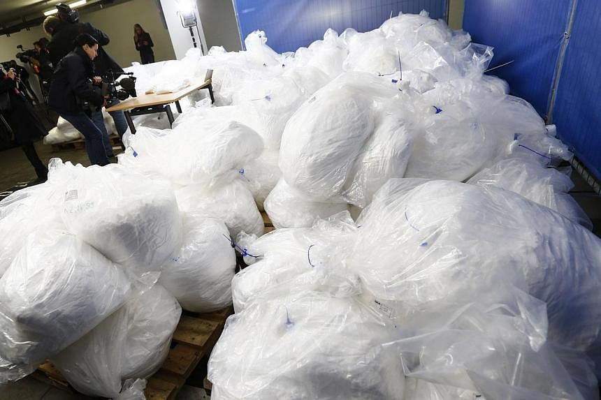 The German Criminal Investigation Division (BKA) displays seized Crystal Methamphetamine and Chlorephedrine during a news conference at the BKA office in Wiesbaden Nov 13, 2014.&nbsp;Germany has seized chemicals that could make 184 million euros (S$2