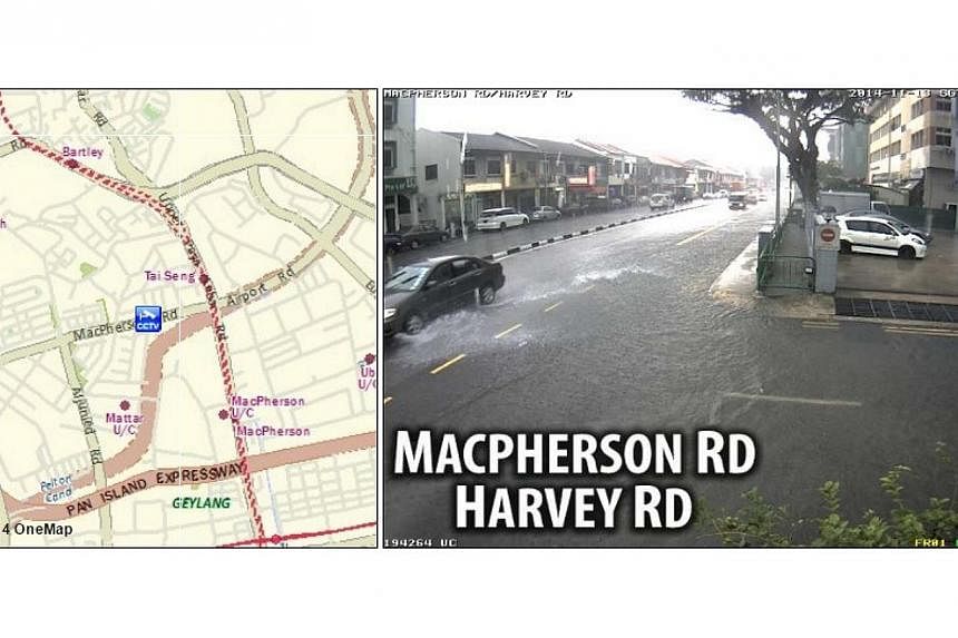 PUB followed up with a series of tweets about more flash floods at MacPherson/Harvey Roads (pictured) as well as Lorongs Ong Lye and Gambir. -- PHOTO: PUB SINGAPORE