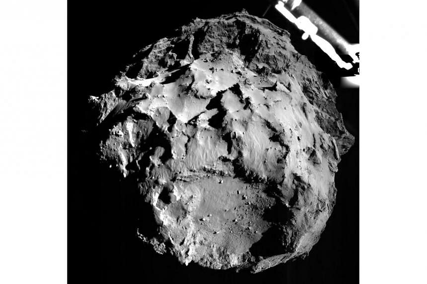 A picture of Comet 67P/Churyumov-Gerasimenko captured by the Philae lander during descent from a distance of approximately 3km from the surface on Nov 12, 2014. -- PHOTO: AFP&nbsp;