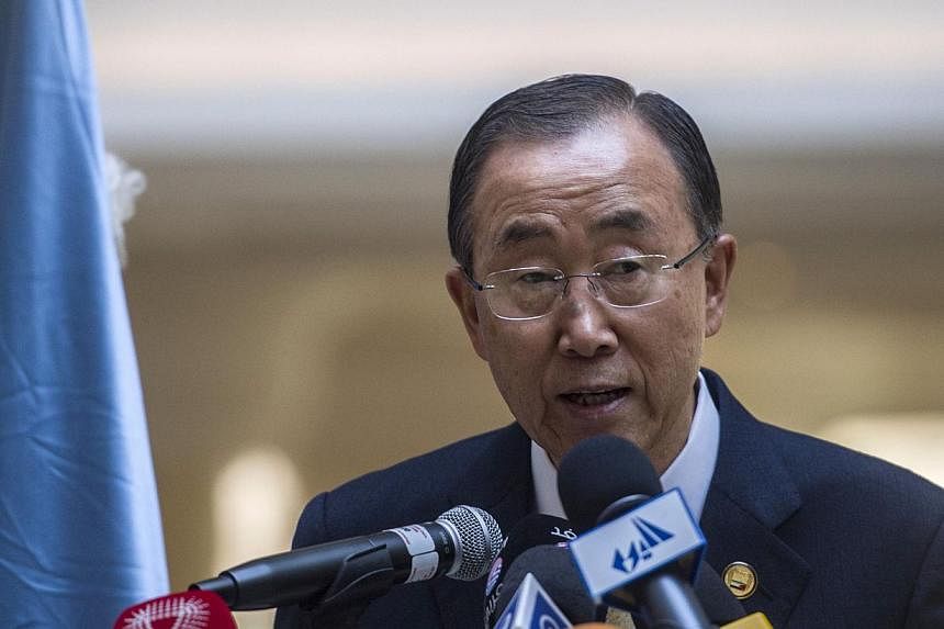 United Nations Secretary General Ban Ki Moon speaks during a press conference at the Gaza Donor Conference in Cairo on Oct 12, 2014, aimed at helping the Gaza Strip pummelled by the 50-day war between Israel and Hamas militants earlier this year. -- 